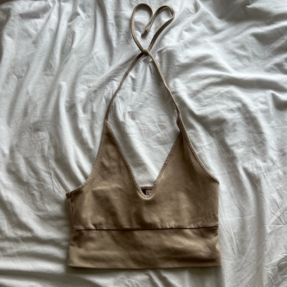 tan suede halter string crop top